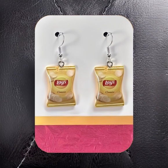 New Handmade "Bag of Potato Chips" Dangle Earrings (1.9" long x 0.75" wide) - Picture 2 of 5